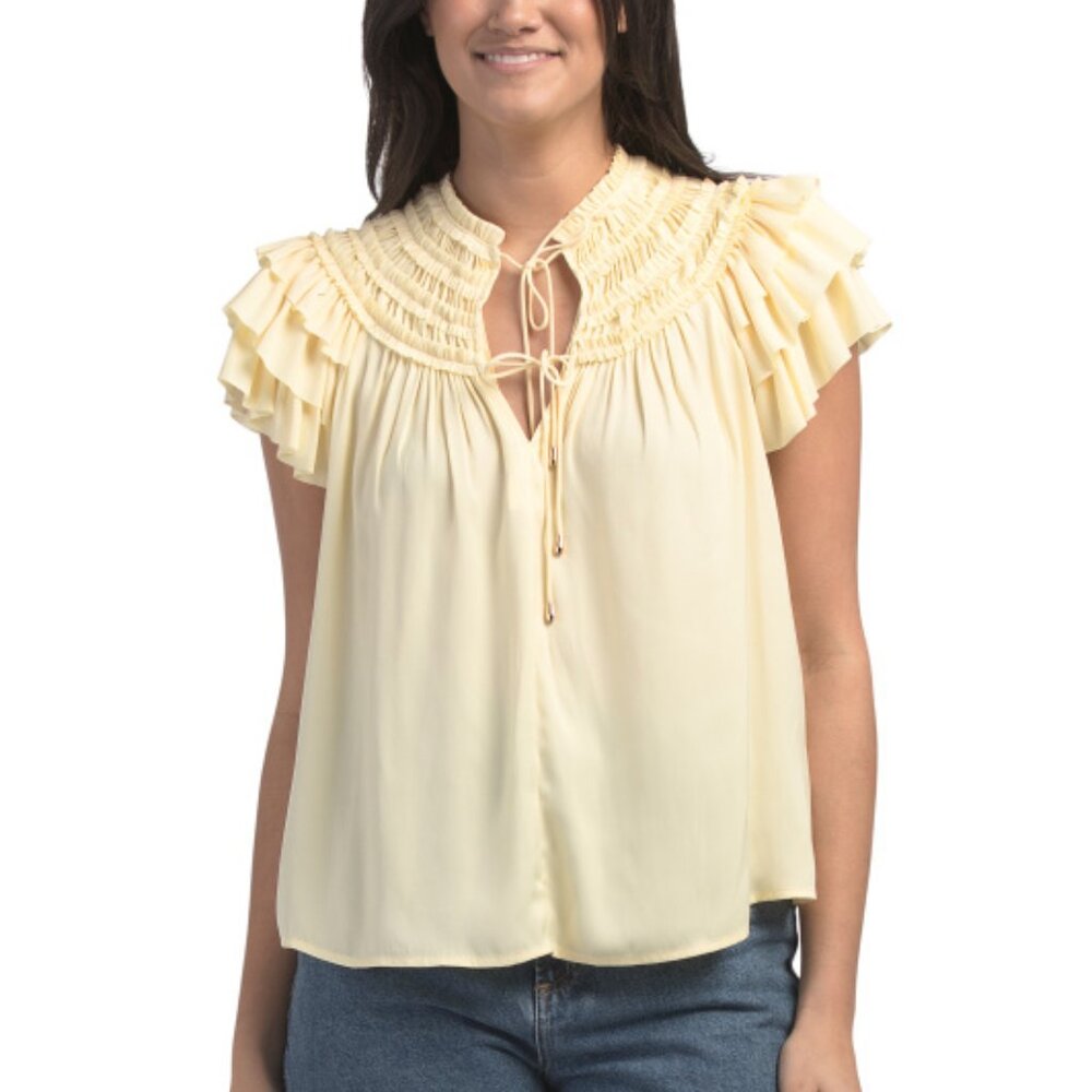 ELIE TAHARI Short Sleeve Ruffle Tiered Top With Front Ties